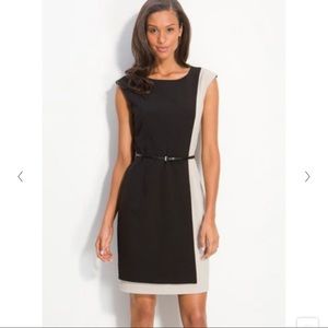 Calvin Klein, Black & Tan asymmetrical sleeveless dress w/ skinny belt, size 8.